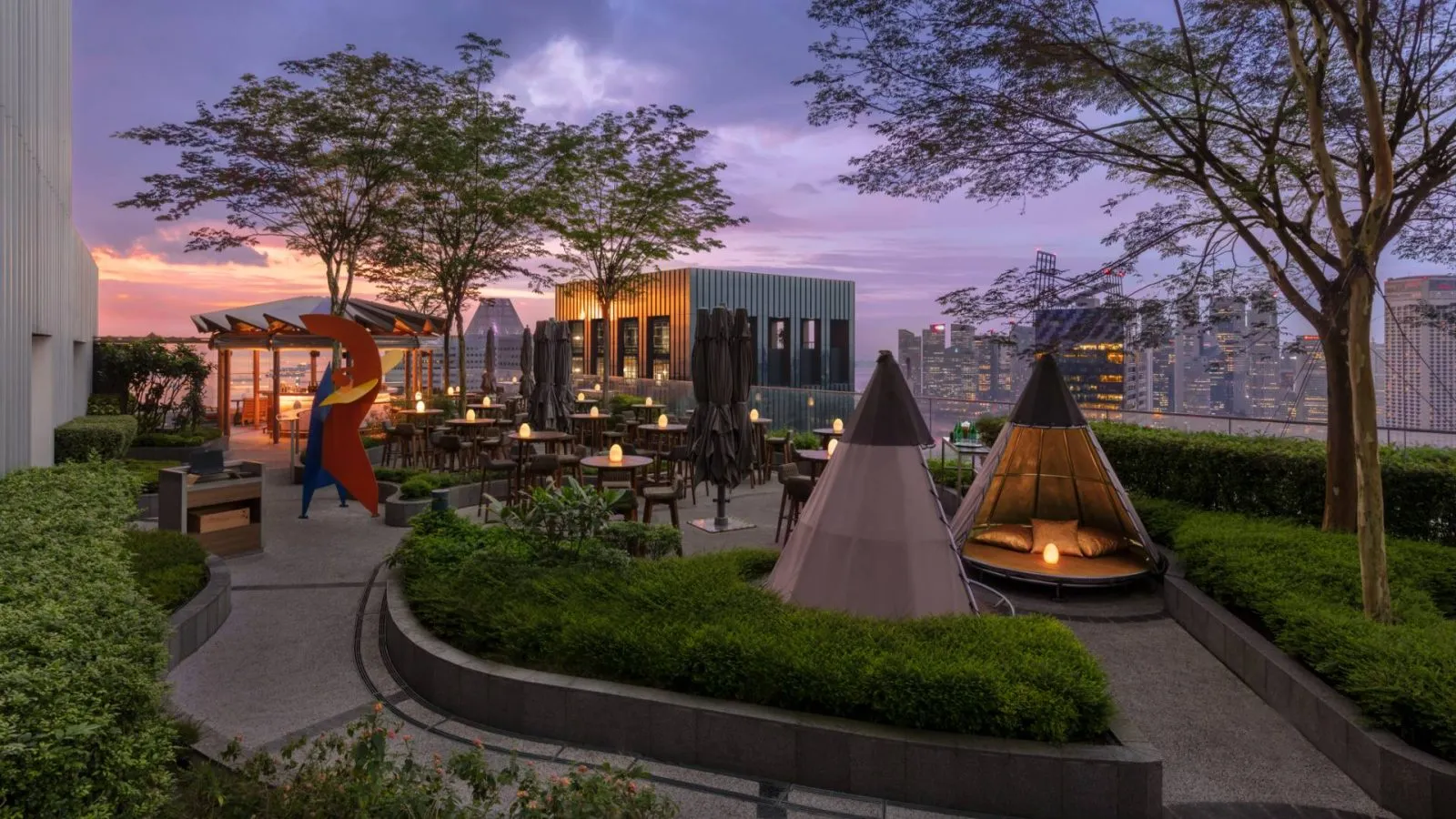 The rooftop bar at Andaz Singapore offering panoramic views of the Singapore skyline